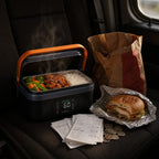 Square editorial still-life comparing the ELYO ESSENTIAL lunchbox to daily fast-food expenses. On th