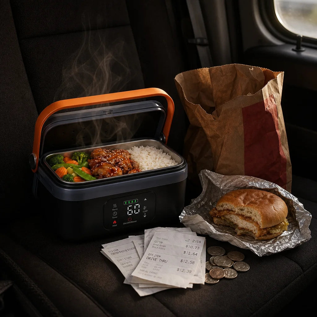 Square editorial still-life comparing the ELYO ESSENTIAL lunchbox to daily fast-food expenses. On th