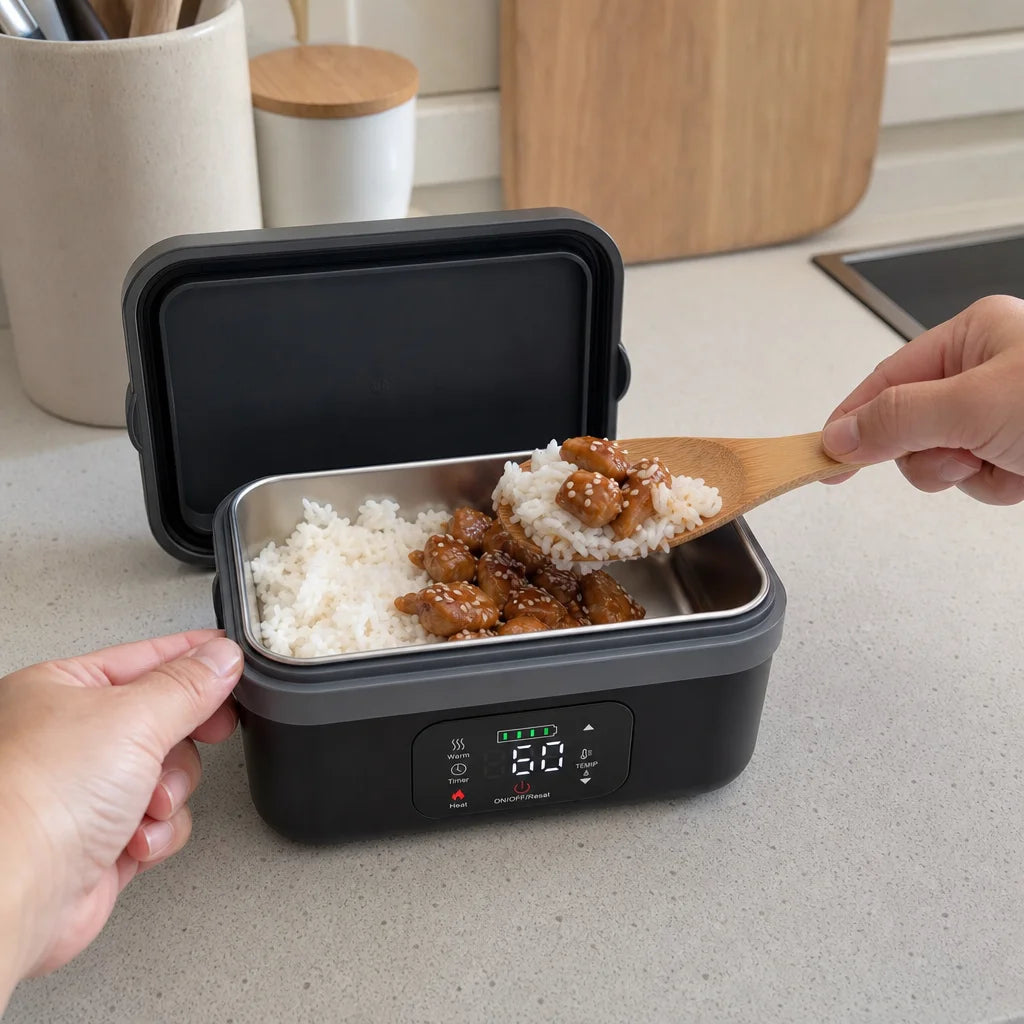 Square overhead consumer photograph of exactly ONE meaningful action: a hand using a wooden spatula