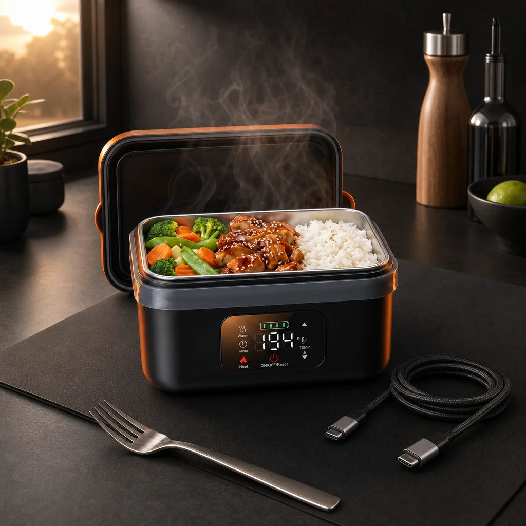 Full-frame square campaign product portrait with no text zone. The ELYO ESSENTIAL lunchbox, open wit